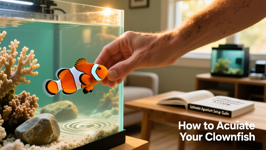 Close-up of a hand gently releasing a clownfish into a saltwater aquarium during acclimation