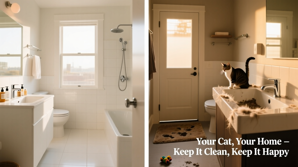 A side-by-side comparison showing a clean, well-maintained apartment bathroom versus one with visible pet hair and litter tracking—highlighting the importance of routine upkeep