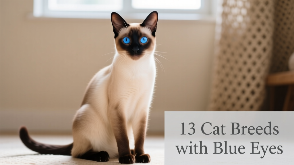 A Siamese cat sitting upright, gazing directly at the camera with vivid blue eyes and cream-and-seal colorpoint markings