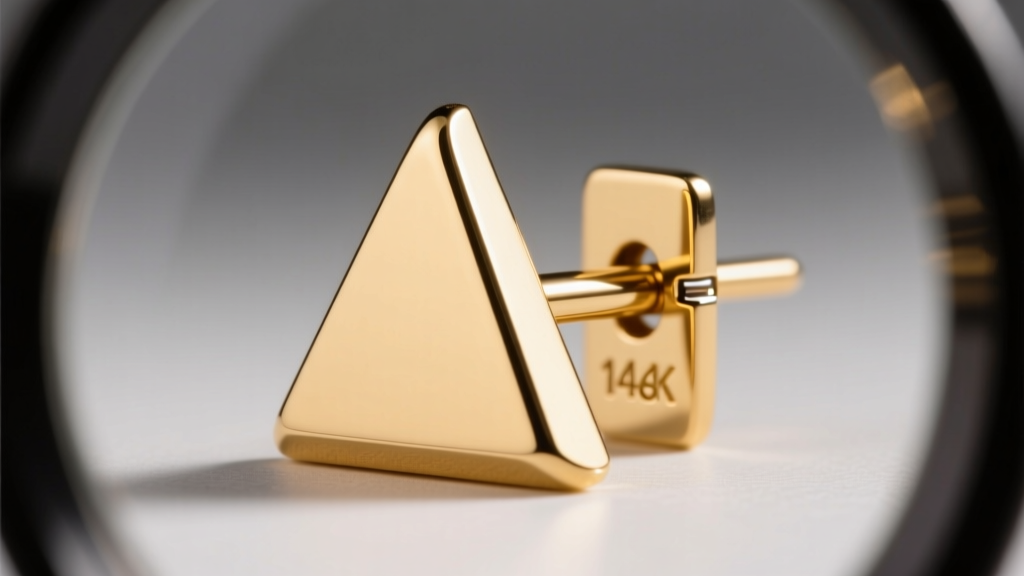 Jeweler loupe view of a 14k gold triangle earring post, showing the 18-gauge thickness and laser-welded joint at the backing plate