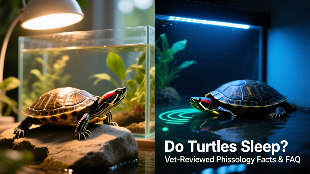 Side-by-side comparison: a turtle basking under a heat lamp at midday, and the same turtle resting quietly in cool, dim tank corner at night