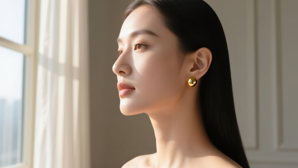 Woman wearing subtle 4mm 14k gold ball stud earrings, reflecting a serene, modest aesthetic in soft natural morning window light