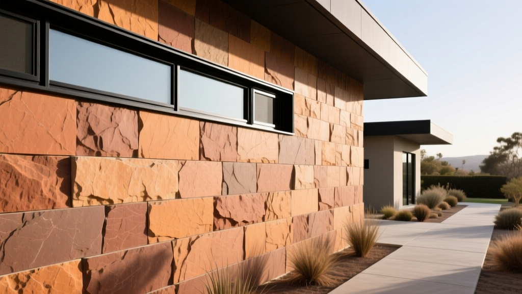 Coronado manufactured stone veneer in warm earth tones installed on a modern exterior wall with black metal window trim accents.