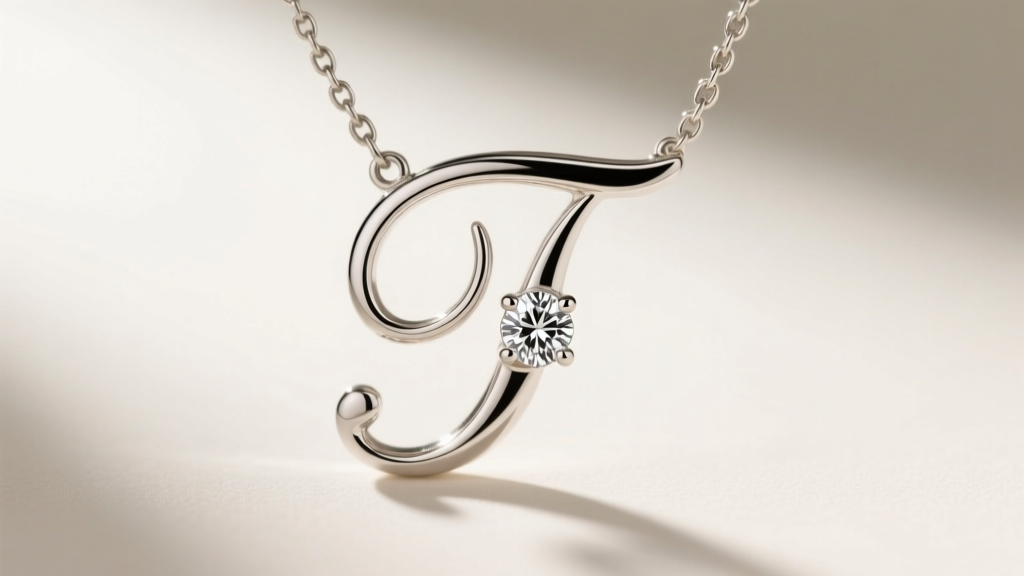 Macro shot of a sterling silver script letter T necklace with a small bezel-set round brilliant moissanite, bright background