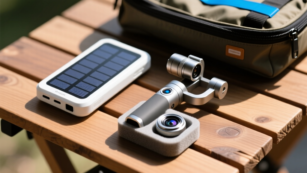 Top-down flat lay of an emergency go-bag featuring a recycled plastic solar power bank, a compact 3-axis gimbal, and a tiny plug-in thermal camera lens on a wooden table