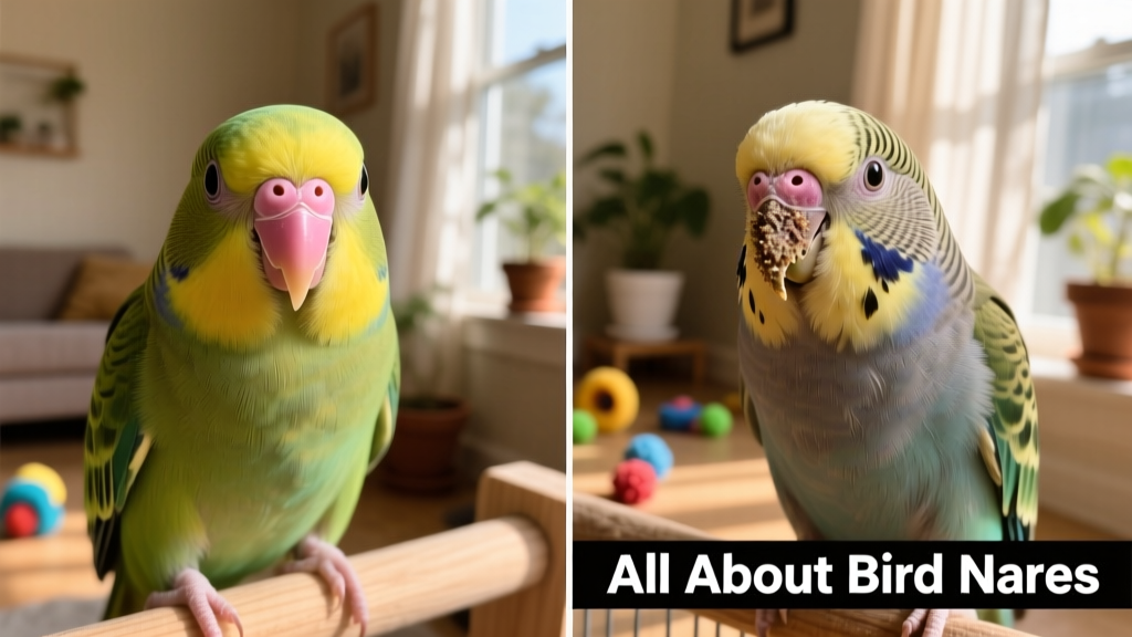 Side-by-side comparison: healthy budgie nares vs. crusty, inflamed nares indicating mite infestation