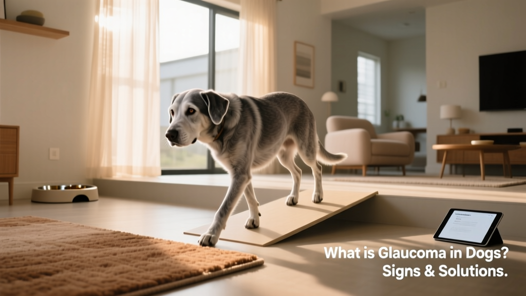 Senior dog confidently navigating a home with ramps, nonslip rugs, and soft lighting—demonstrating adaptive living with glaucoma