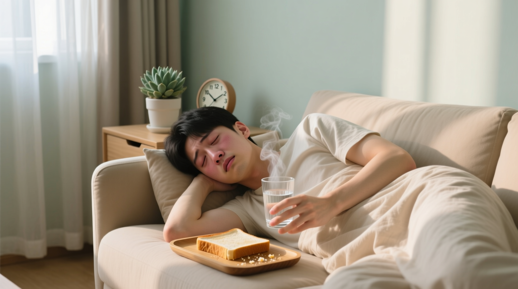 Person recovering from food poisoning with water and toast