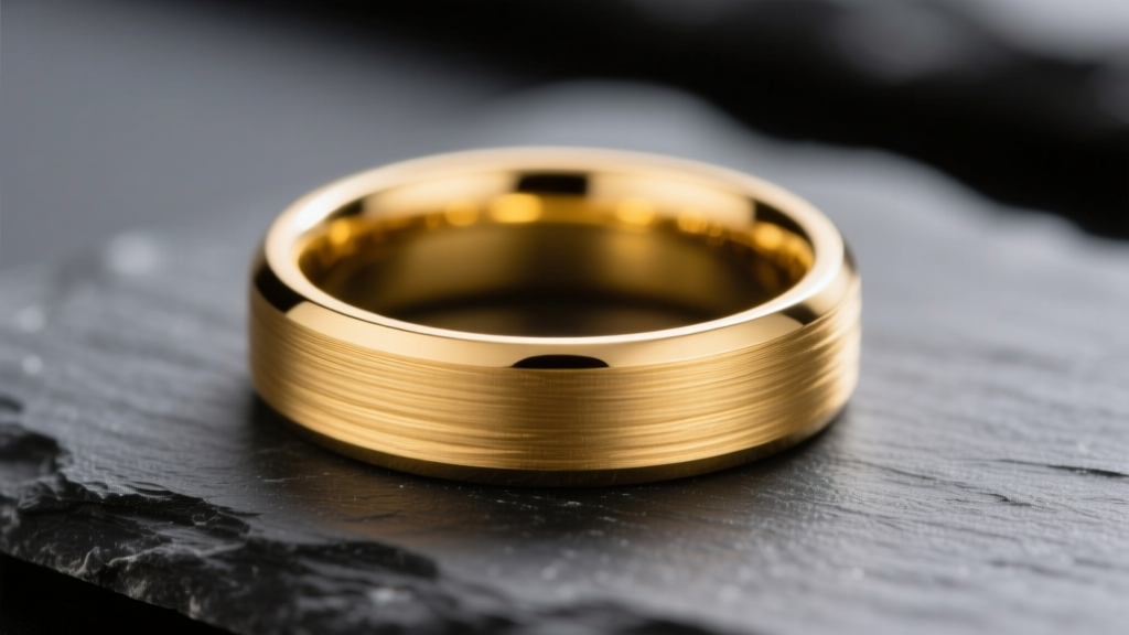 Macro close-up of an 18k yellow gold wedding band with a unidirectional brushed matte finish resting on a dark slate surface