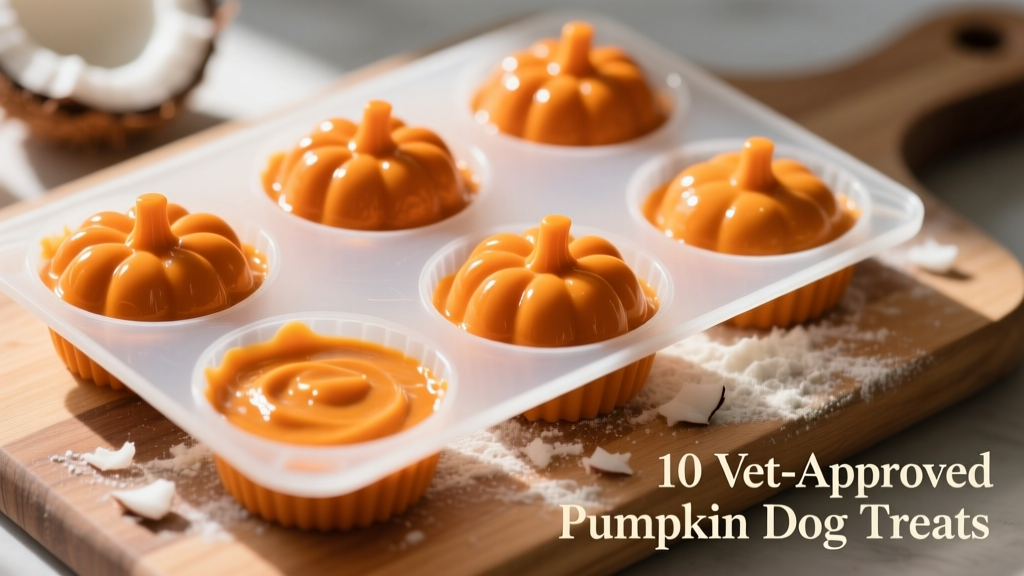 A close-up of colorful silicone molds filled with orange pumpkin-coconut mixture before freezing