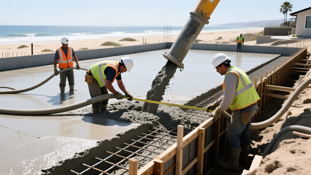 Construction crew pouring sulfate-resistant concrete into epoxy-coated rebar trenches for a coastal residential foundation in Oxnard California