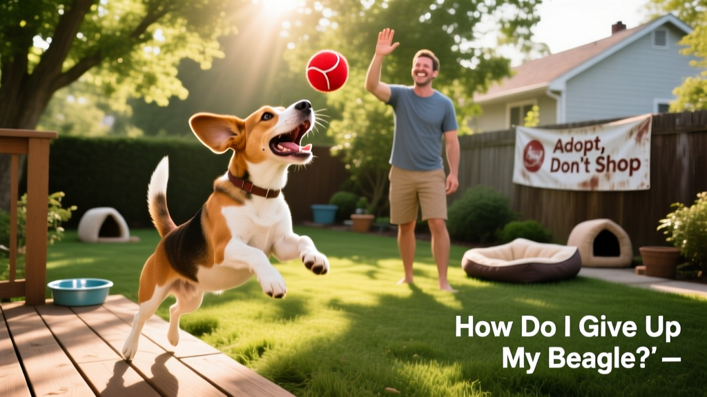 A happy beagle playing fetch in a sunlit backyard with a smiling adult nearby