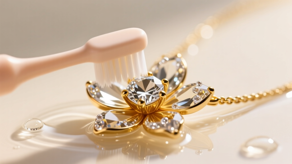 Macro shot of a soft baby toothbrush gently scrubbing the cubic zirconia petals of a gold flower necklace in mild soapy water.