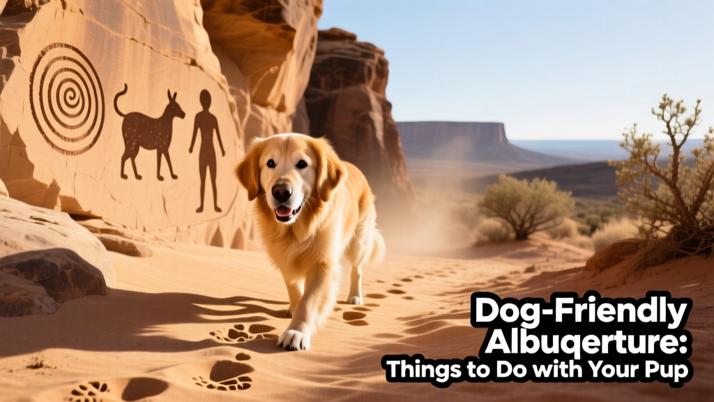 A dog exploring desert trails at Petroglyph National Monument, with ancient rock carvings visible in the background.