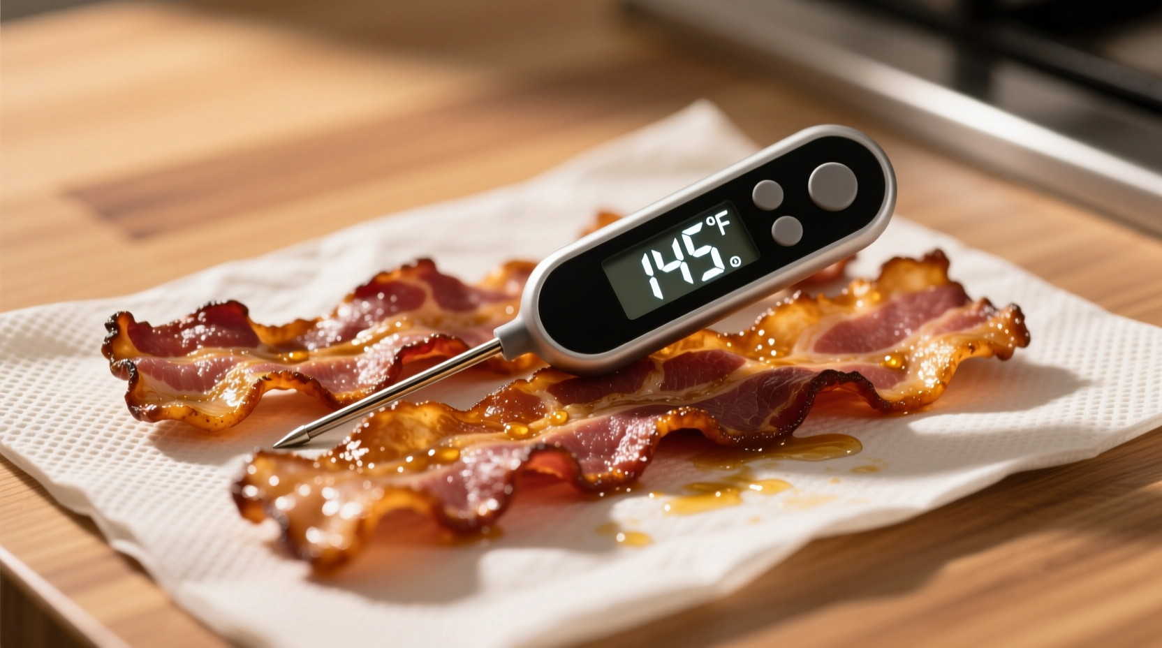 Golden brown bacon strips on paper towel with thermometer showing 145 degrees