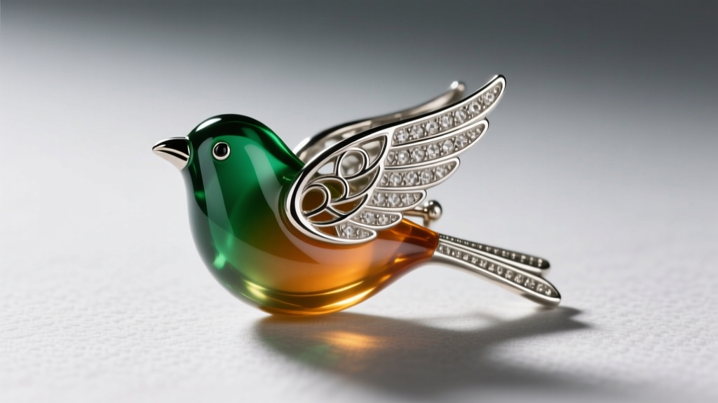 Macro shot of a 1940s Trifari jelly belly bird brooch, showing the translucent lucite cabochon and rhodium-plated metal wing.
