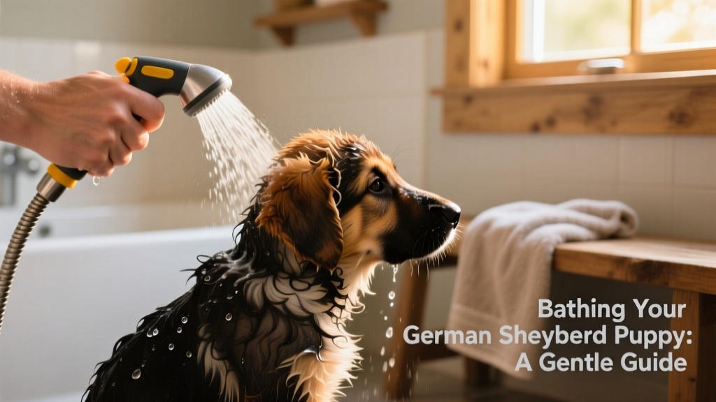 Hand gently wetting a German Shepherd puppy's back with a handheld shower sprayer