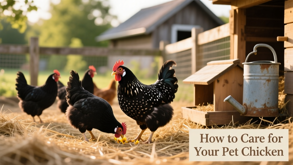 A small flock of friendly-looking pet chickens—black and speckled—pecking calmly in a sunlit, straw-lined coop run