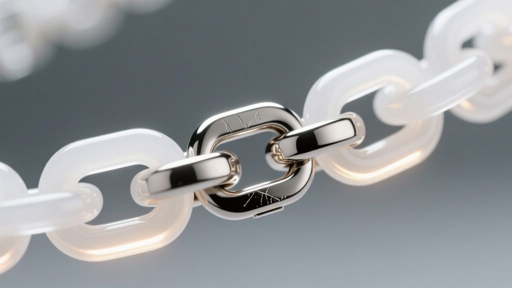 Extreme close-up of a stainless steel toggle clasp securing a thick white acrylic link necklace, showing the tensile stress point.