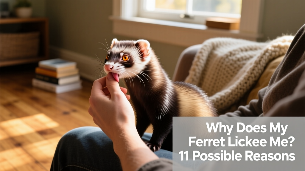 Ferret sitting calmly on a lap, gently licking a person's forearm