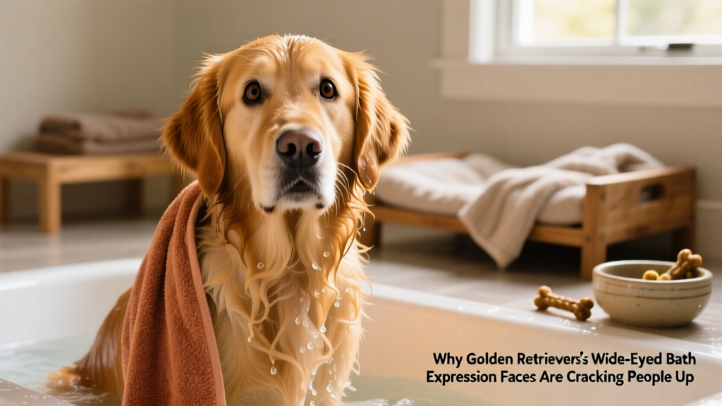 Golden Retriever Teddy sitting on a towel, eyes wide open and ears slightly flattened, looking startled but trying to stay still during drying