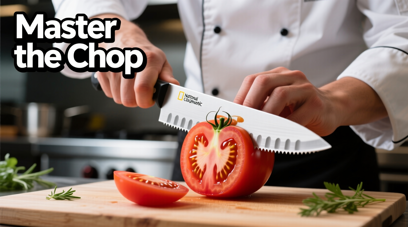 Chef demonstrating proper tomato chopping technique with serrated knife