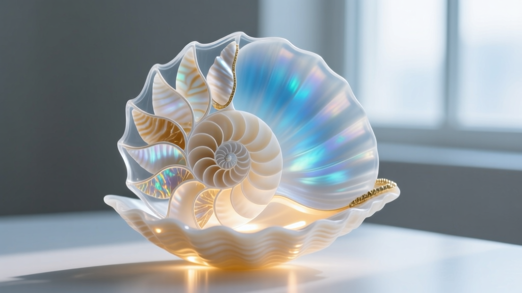 Close-up of translucent bio-resin seashell jewelry holder with nautilus fragments, showcasing soft internal LED base illumination