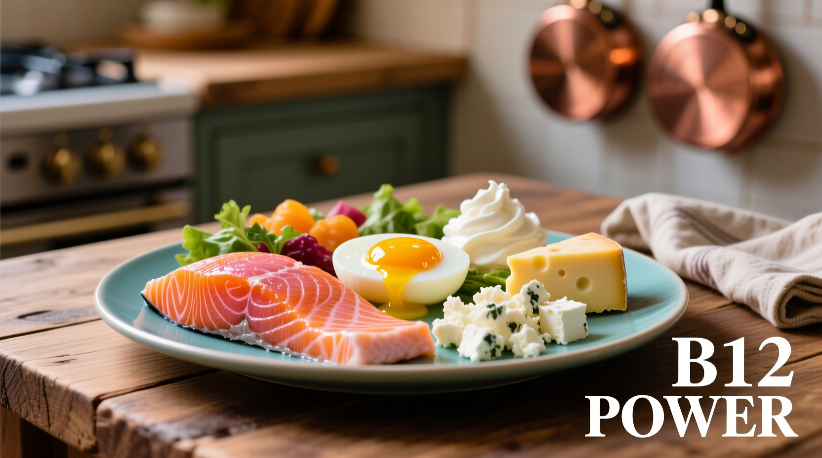 Farbenfroher Teller mit B12-reichen Lebensmitteln wie Lachs, Eiern und Käse