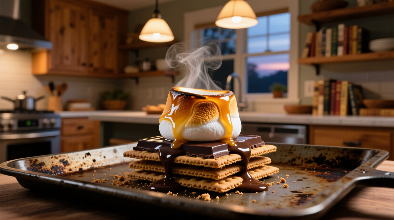 Perfect indoor s'mores on baking sheet with melted marshmallow