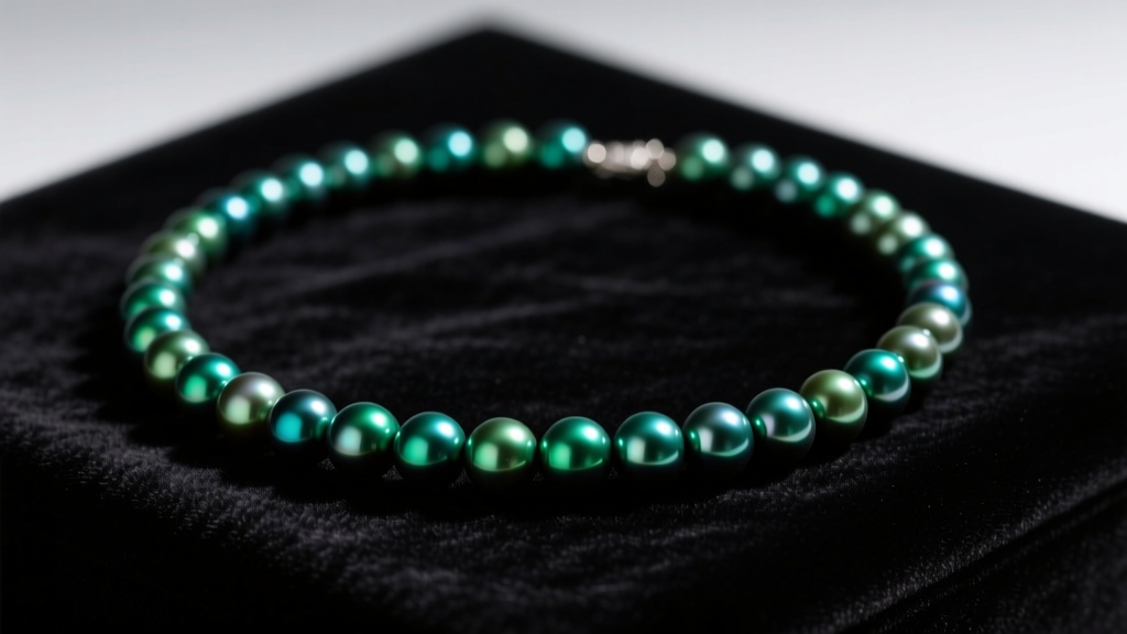 9mm Tahitian black pearl choker necklace on dark velvet, highlighting peacock green overtones under soft studio lighting.