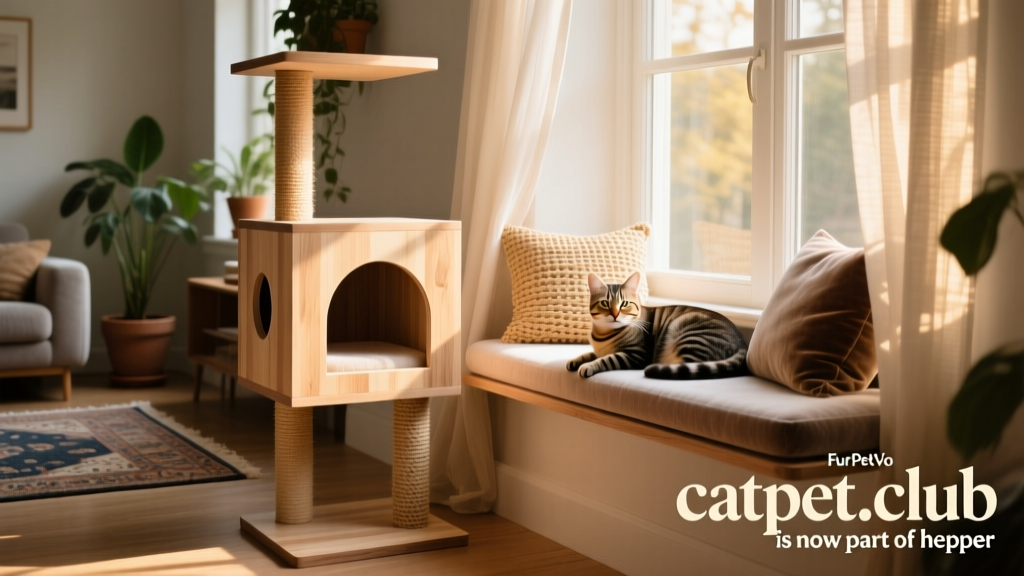 A sleek, modern cat tree beside a cozy window perch, showcasing FurPetVo's signature design aesthetic
