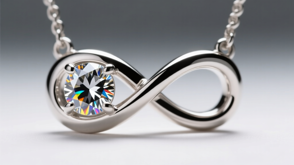 Macro shot of a rhodium-plated sterling silver infinity pendant prong setting holding a brilliant-cut moissanite stone
