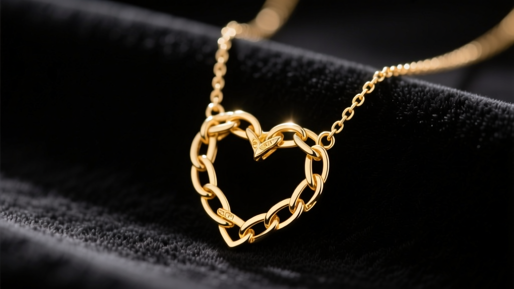 A delicate 14k gold heart necklace chain on dark velvet, lit by soft directional light to highlight the tiny interlocking metal links.