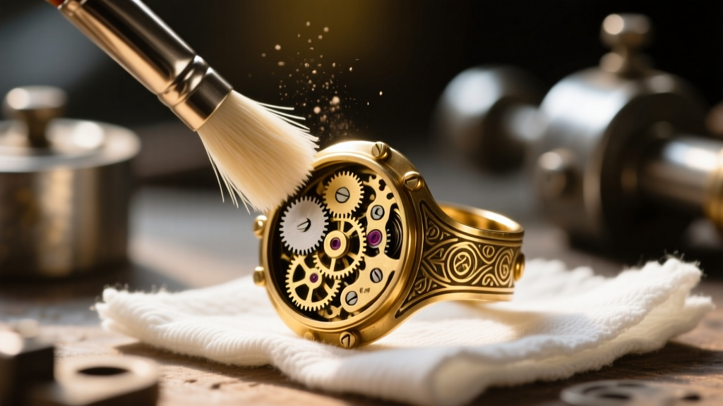 Close-up of a soft brush cleaning intricate brass clockwork gears on a steampunk ear cuff, with a microfiber cloth resting nearby
