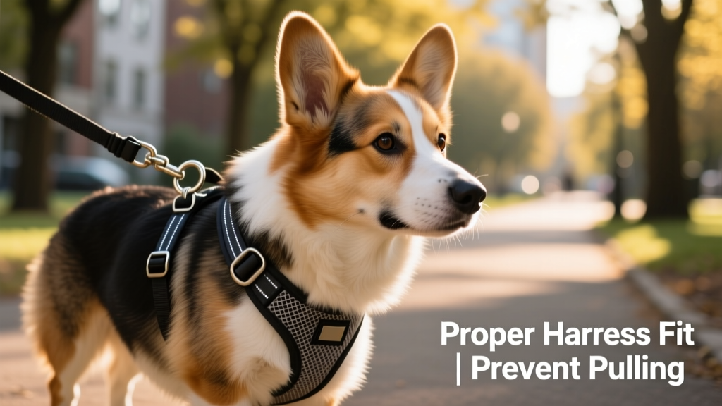 Close-up of a front-clip harness with leash attached, showing proper fit and positioning on a medium-sized dog