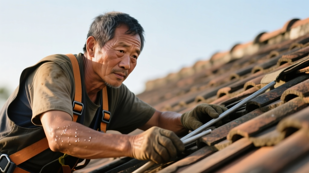 Close-up of a roofer's gloved hands inspecting a cracked terracotta clay roof tile next to a faded gray concrete roof tile on a pitched residential roof
