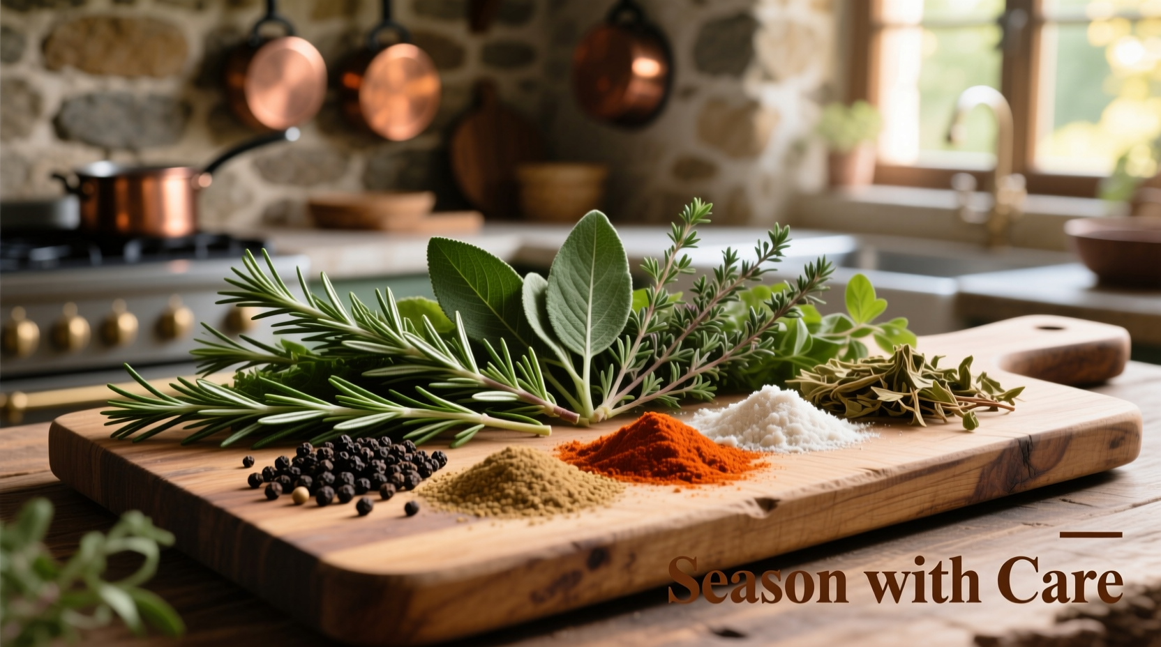 Fresh herbs and spices arranged for turkey seasoning