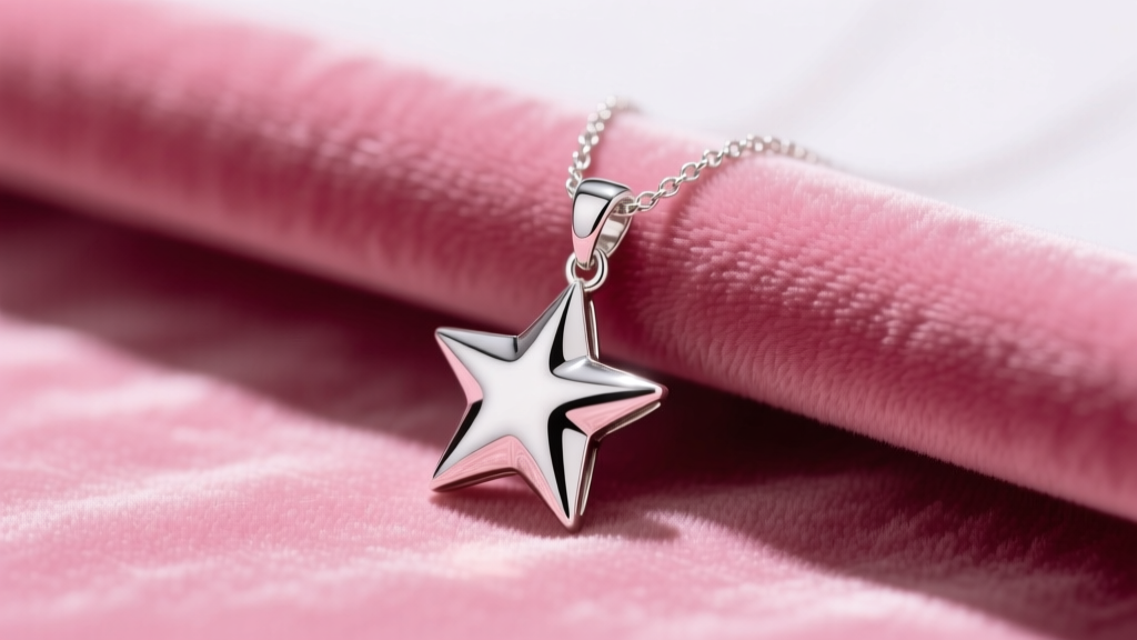 Close-up of a sterling silver star pendant on a delicate chain resting on pink velvet highlighting the bright and reflective polish