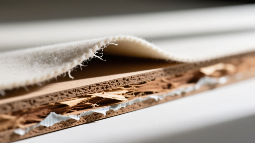 Close-up of fraying polyester felt peeling away from an MDF board edge, revealing cheap spray adhesive and raw brown wood.