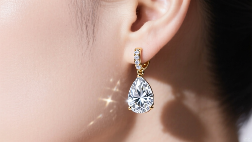 Close-up of 18k white gold sparkly dangle earrings with pear-cut diamonds on a model, soft studio lighting highlighting the facets.