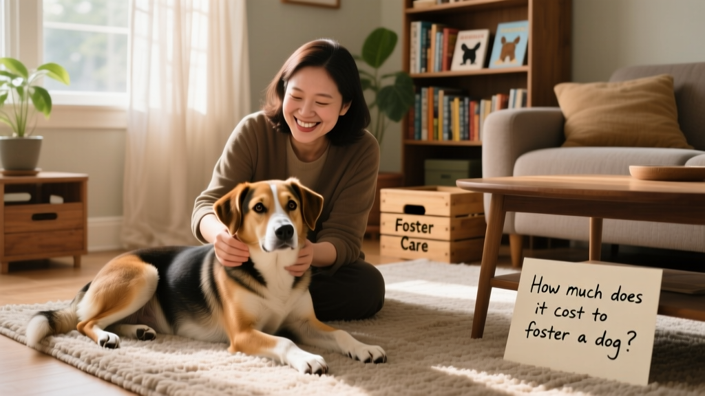 A smiling person gently petting a calm, medium-sized foster dog in a sunlit living room