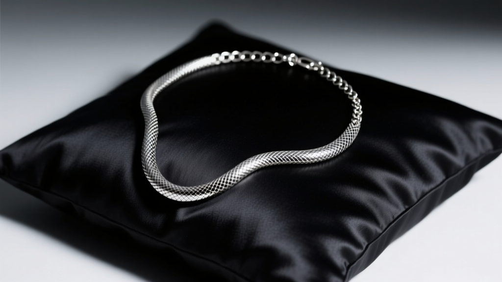 Sterling silver snake chain boob necklace resting elegantly on a dark silk pillow, illuminated by soft moody boudoir lighting