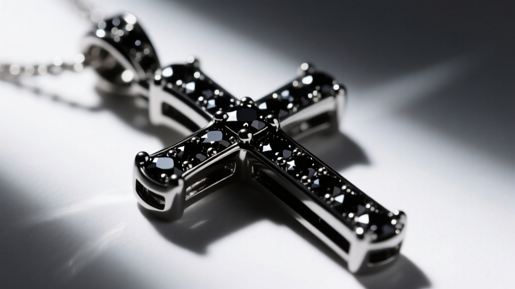 Extreme close-up of a matte black rhodium-plated cross pendant with pave black diamond accents, highlighting the textured metal.