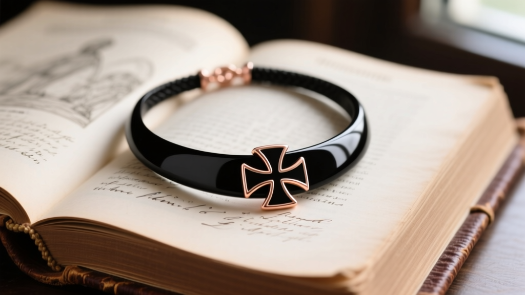 Close-up of a modern matte black and rose gold Luther rose necklace resting on an open vintage leather-bound theological journal