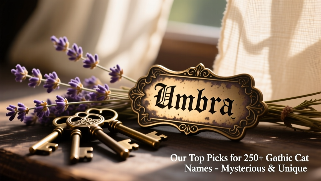 An illustrated gothic-style name tag engraved with 'Umbra' beside antique keys and dried lavender