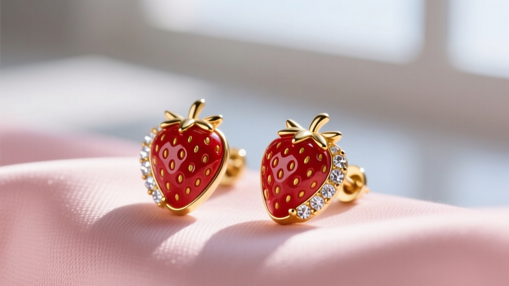 Macro shot of gold-plated strawberry stud earrings with red enamel and crystal seeds resting on soft pink silk in bright daylight