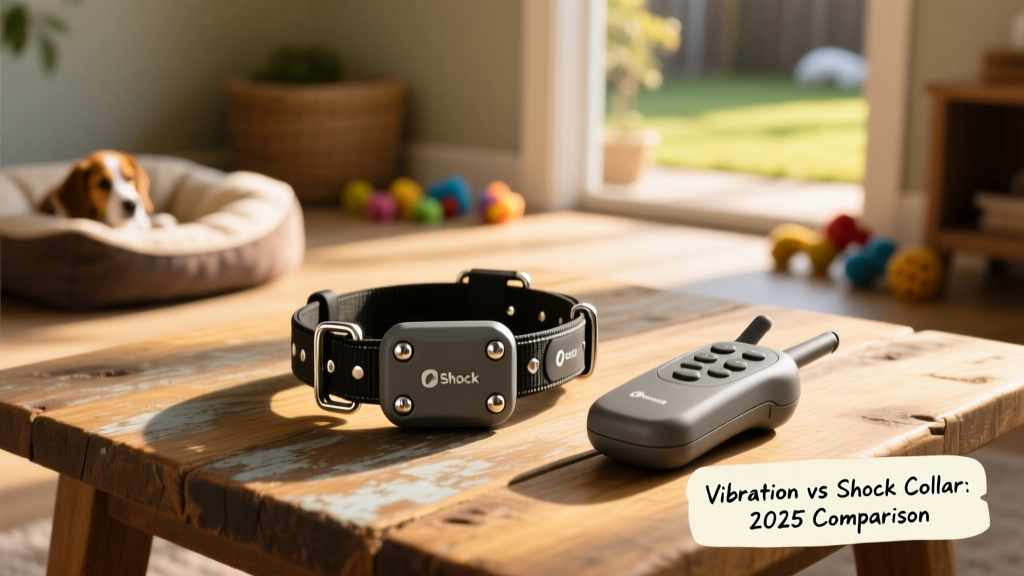 A compact, rugged shock collar with visible contact points and a remote control unit