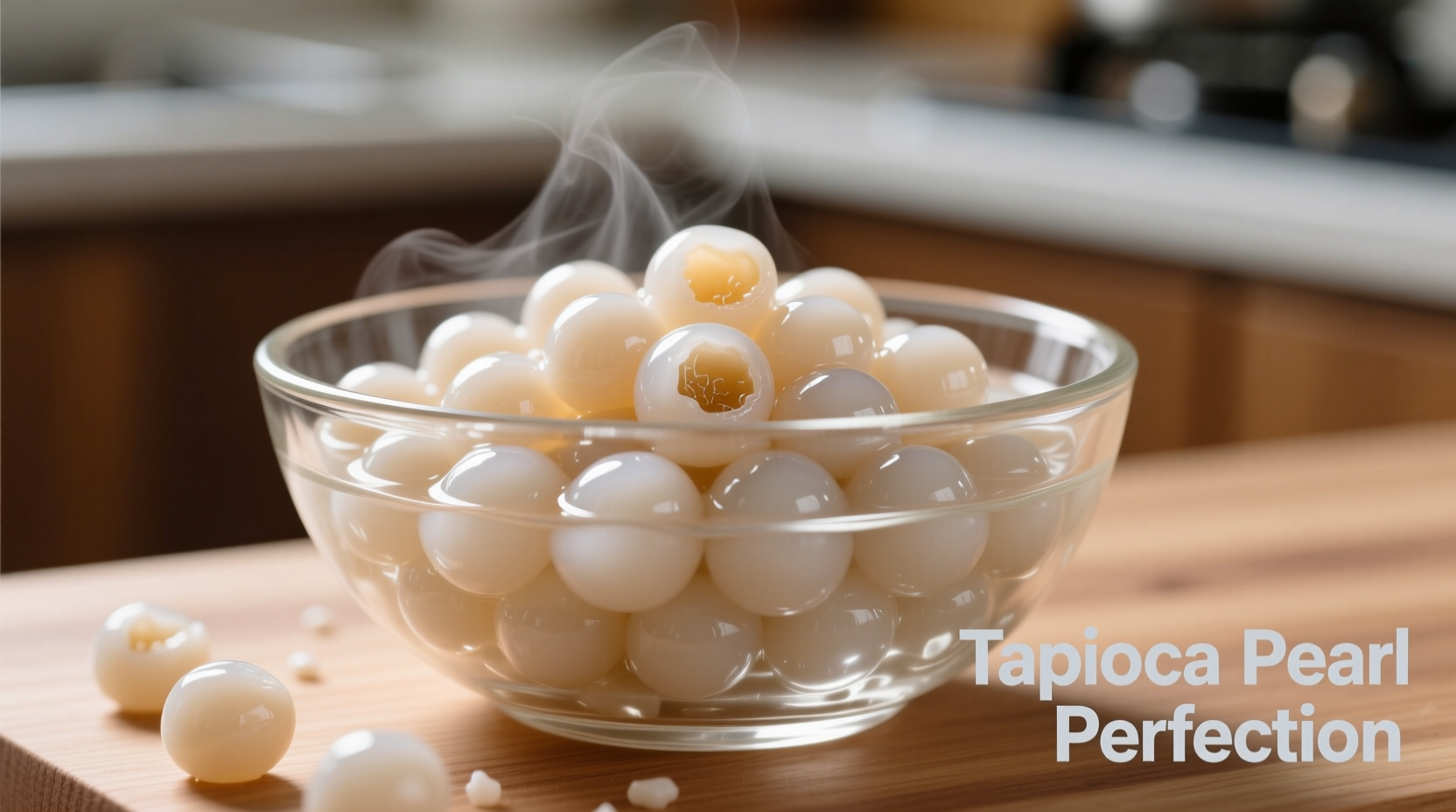 Close-up of cooked tapioca pearls in clear glass