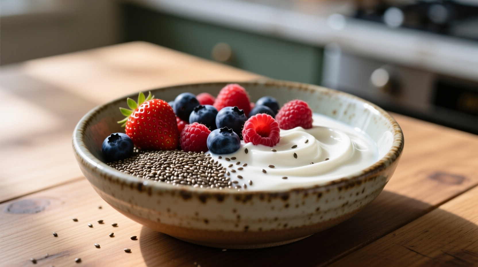 Chia seeds in bowl with berries and yogurt