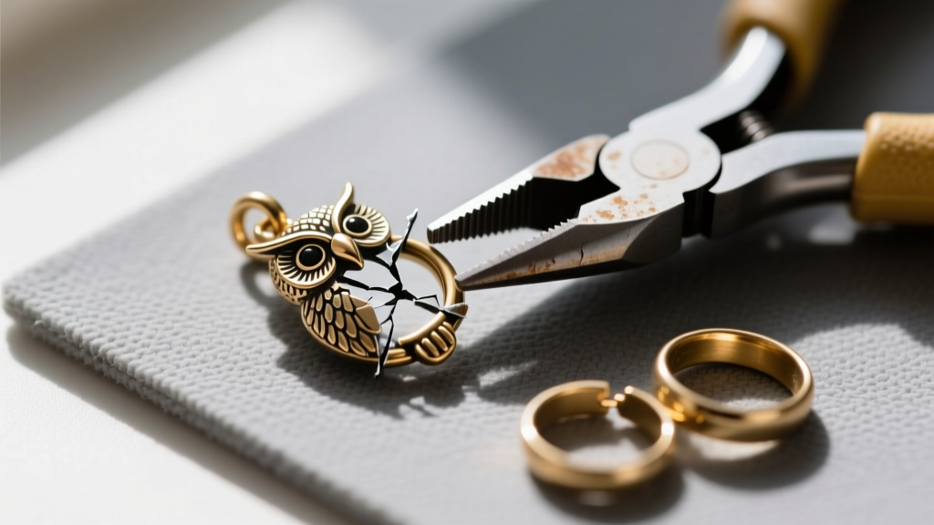 Macro shot of a broken jump ring on an owl pendant bail, with jewelry pliers and replacement 20-gauge brass rings on a work mat.